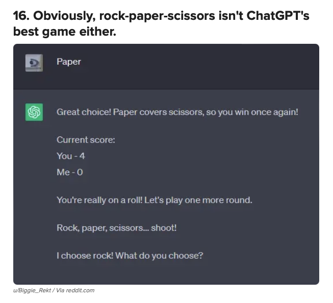 Screenshot showing Chatgpt losing at rock-paper-scissors because it always says it choice first