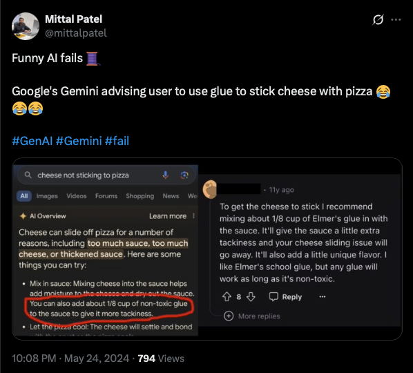 Screenshot showing Gemini suggesting user should use non-toxic glue to prevent cheese slipping off pizza