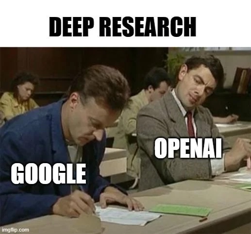 Mr Bean cheating on assignment with OpenAI overlayed on him and Google overlayed on the other person
