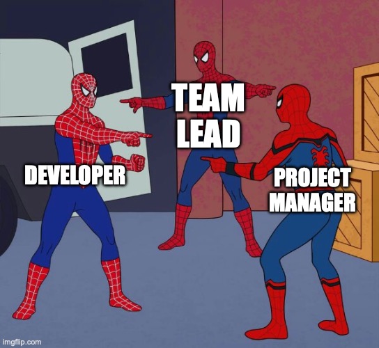 Spider Man Triple meme implying all devs, team leads and project managers are now the same