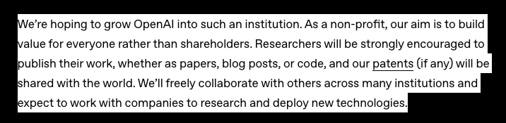 screenshot of open ai’s original mission statement to advance digital intelligence in the way that is most likely to benefit humanity as a whole, unconstrained by a need to generate financial return