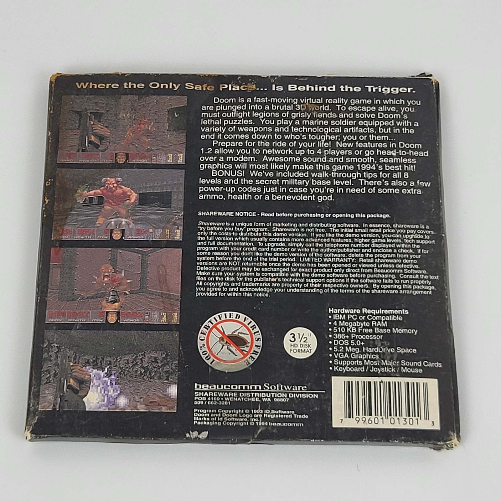 Screenshot of a retail copy of the Doom Shareware Source explaining that shareware is a “try before you buy” model