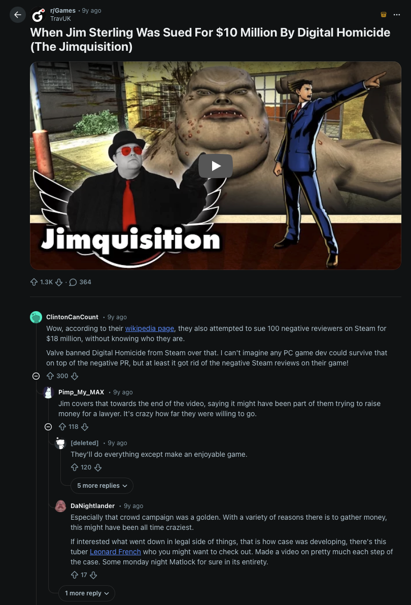 Screenshot from Reddit around the Jim Sterling lawsuit