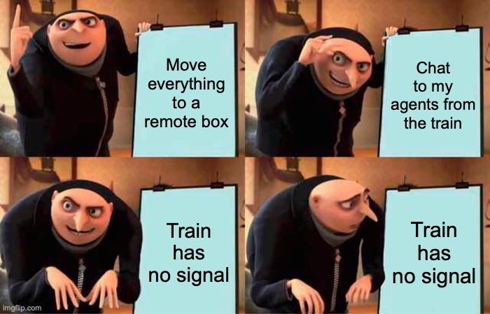 Gru&rsquo;s Plan meme starting with agents in the cloud and ending with no connectivity to reach them