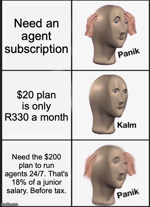 Panik Kalm Panik meme about AI subs with final panik being $200pm or 18% of a juniors salary